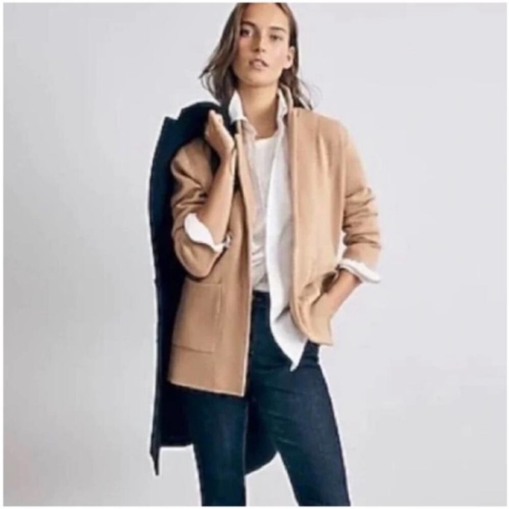 J. Crew Sophie Open Front Sweater Blazer, Wool Blend Tan Heather Size Small